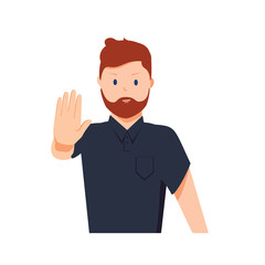Serious man shows stop gesture. Vector illustration in cartoon style. Cartoon charcter deny, stop expression. Rejection