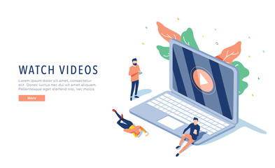 people streaming online video with their laptop, smartphone vector illustration concept, online tutorial video streaming - obrazy, fototapety, plakaty