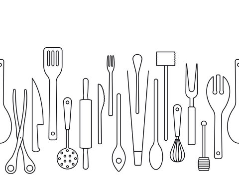 Cooking utensils outlines seamless border