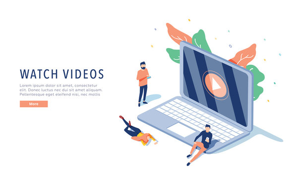 people streaming online video with their laptop, smartphone vector illustration concept, online tutorial video streaming