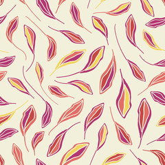 Pink, yellow, coral hand drawn leaves in screen print style on light background. Seamless vector repeat pattern. Great for wellbeing, organic, beauty, spa products, homedecor, giftwrap, stationery