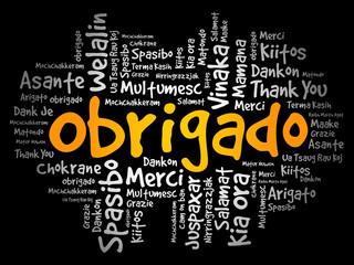Obrigado (Thank You in Portuguese) Word Cloud in different languages