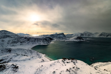 View from Mannen Mountain down to Haukland Beach in winter on the Lofoten Islands in Norway