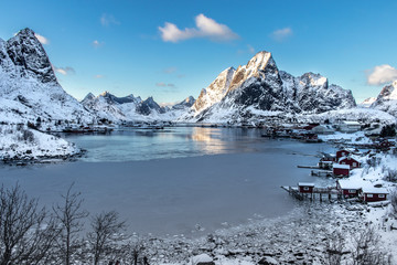 Fototapeta na wymiar Panoramic view of a fjord and the village of Reine on the Lofoten Islands in Norway in winter
