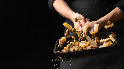 Professional chef prepares seafood. octopus kalmar mussels. Sea food. Asian and Eastern cuisine. culinary background. Freezing food © Anton