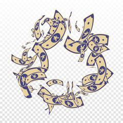 Chinese yuan notes falling. Messy CNY bills on tra