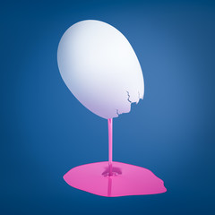 3d rendering of egg in mid-air broken at its smaller end with purple paint oozing out and forming puddle.