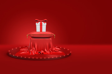 3d rendering of white gift box with red ribbon on red cushion and pedestal covered with red cloth on red background