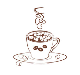 Cup coffee or cocoa with small marshmallows and saucer on a white background. contour emblem logo. Vector Fragrant drink for a cozy coffee house. Hot chocolate for coloring, cards or menu design.