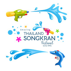 Happy Amazing Songkran Thailand festival colorful gun and Water Splash collections design, vector illustration