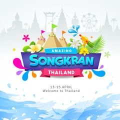 Happy Amazing Songkran Thailand Festival colorful ribbon banner water splash design background, vector illustration