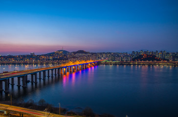 View of han river in night at seoul south Korea 