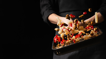 Professional chef prepares seafood with hot chili peppers. octopus kalmar mussels. Sea food. Asian and Oriental cuisine, Mexican spicy. Culinary background. Freezing food © Anton