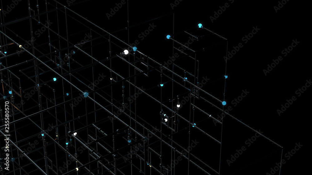 Poster 3d render of grid with bright sphere on the edges. complex technology structure. data computing conc