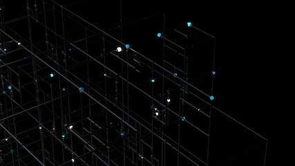 3d render of grid with bright sphere on the edges. Complex technology structure. Data computing concept...