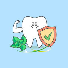 Tooth with a shield, a check mark, a mint and muscles. Healthy teeth. Dental care and hygiene icon. Cartoon tooth.