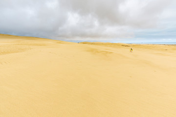 Fototapeta na wymiar Woman with sandboard walking Giant sand dunes, Te Paki, Northland, North Island, New Zealand