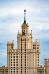 Close up view on the high-rise building on Kotelnicheskaya Embankment in Moscow against a overcast sky  (Russia)
