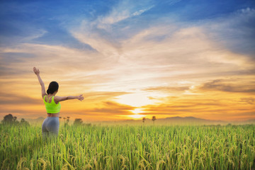 Beautiful woman standing with raised arms on rice field green grass.