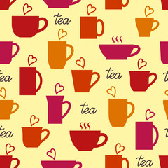 Seamless pattern. Cups of tea with hearts. Print for kitchen textile.