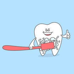 Tooth with a toothbrush and toothpaste. Brushing teeth. Dental care and hygiene symbol. Cartoon tooth. Smiling tooth.