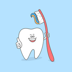 Tooth with a toothbrush and toothpaste. Brushing teeth. Dental care and hygiene symbol. Cartoon tooth. Smiling tooth.