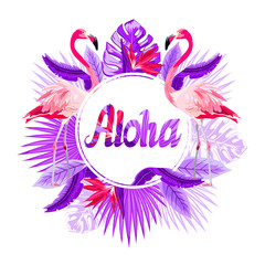Obraz premium Pink flamingo and palm leaves, exotic flowers round frame. Tropical greeting card. Beautiful floral exotic frame isolated on white background