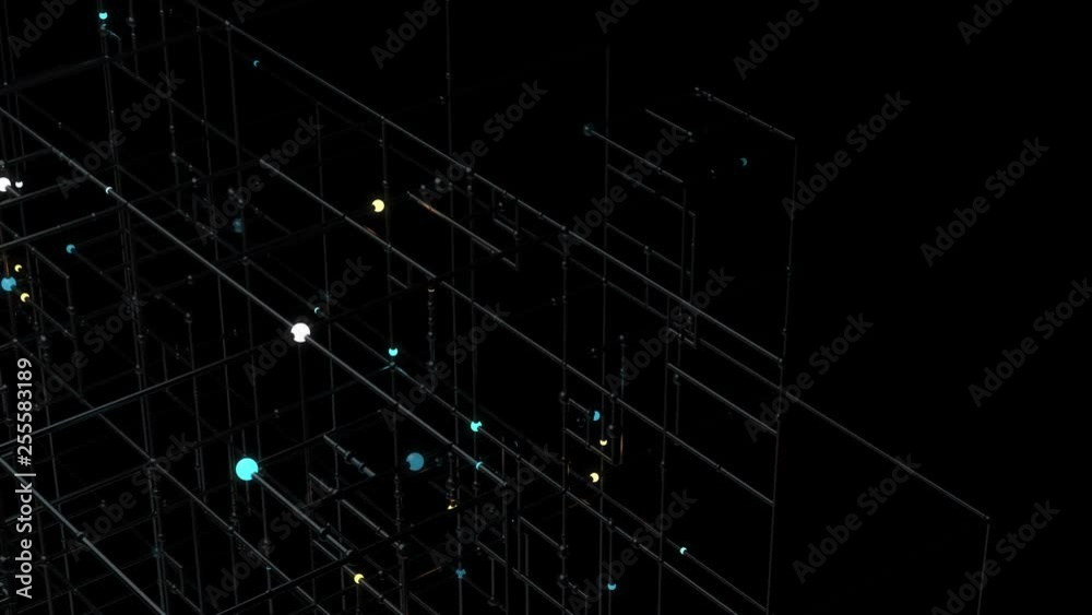 Poster colorfull 3d render of grid with bright sphere on the edges. complex technology structure. data comp