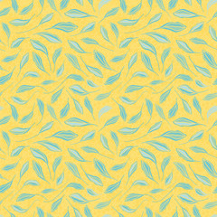 Light blue hand drawn leaves on textured yellow background. Seamless vector repeat pattern with modern fresh vibe. Great for wellbeing, organic, beauty, spa products, homedecor, giftwrap, stationery