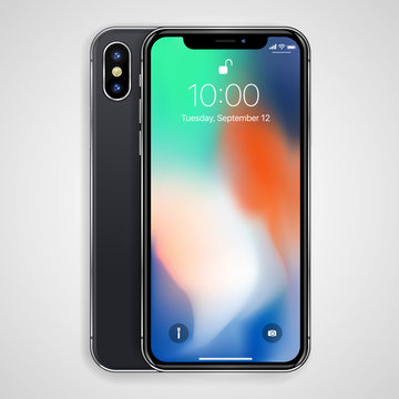 Smartphone in black color with blank screen. I phone X mockup - Simple way to put a picture or screenshot below glossy, shiny screen layer, which affects each pattern - in eps10