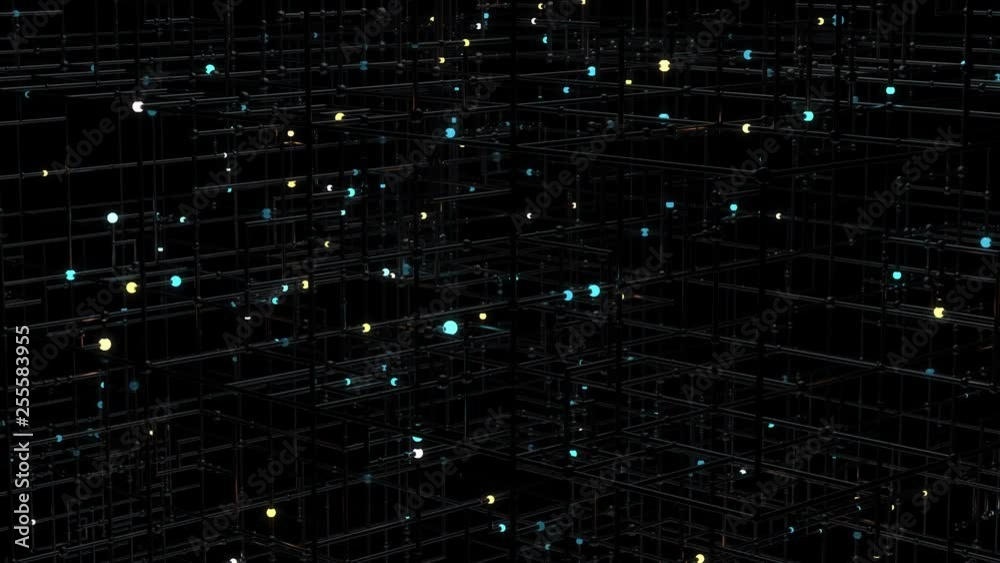 Poster colorfull 3d render of grid with bright sphere on the edges. complex technology structure. data comp