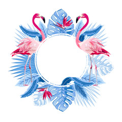 Naklejka premium Pink flamingo and palm leaves, exotic flowers round frame. Tropical greeting card. Beautiful floral exotic frame isolated on white background