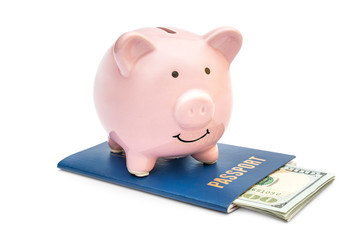 Passport with money and piggy bank on white background.