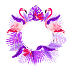 Fototapeta na wymiar Pink flamingo and palm leaves, exotic flowers round frame. Tropical greeting card. Beautiful floral exotic vector frame isolated on white background