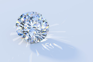 Round cut diamond on light blue background with rear light shadow and caustics rays