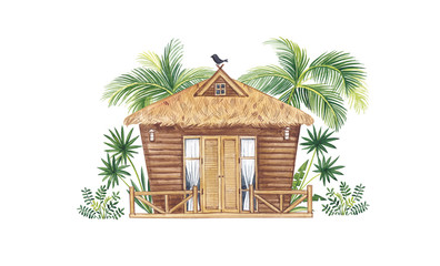  Watercolor illustration with beach house and palm trees.