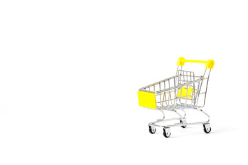 Shopping cart trolley basket is empty isolated on white background. Conception Festive Sale Discount. Trading Supermarket Retail.Copy space .