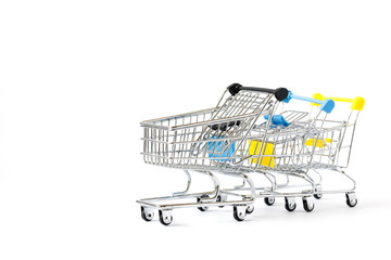 Shopping cart trolley basket is empty isolated on white background. Conception Festive Sale Discount. Trading Supermarket Retail.Copy space .