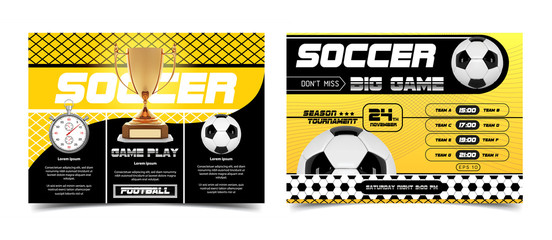 Soccer Poster design Vector. Football flyer with ball and scoreboard. Design For Sport Bar Promotion. Tournament, Championship Flyer Design. Soccer Club, Academy Flyer. Invitation Illustration.