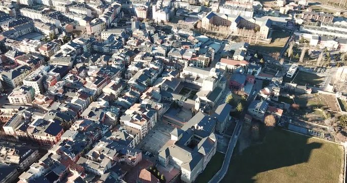 Aerial view of cityscape of La Seu d'Urgell and main historical monument - Santa Maria d'Urgell Cathedral, Catalonia, Spain