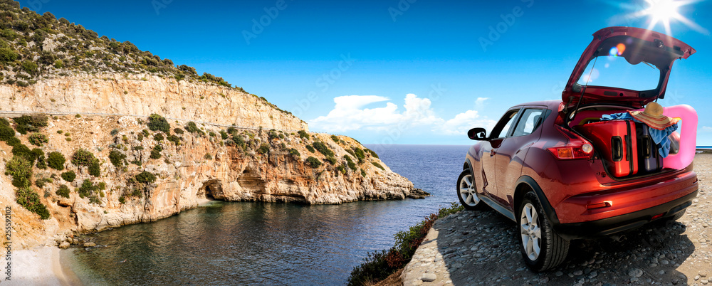 Sticker summer car on road and sea landscape