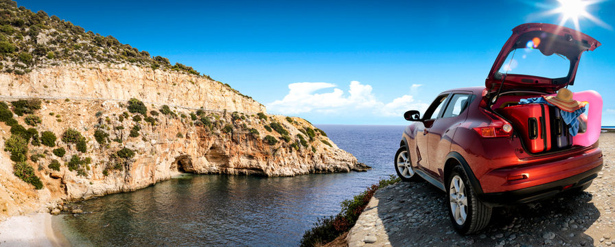 Summer Car On Road And Sea Landscape 