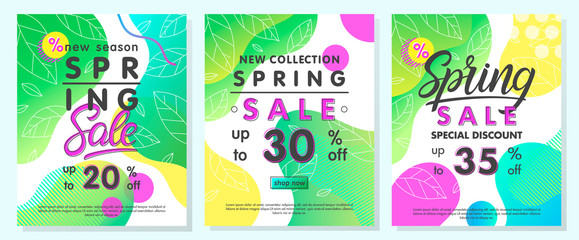 Fototapeta premium Spring special offer banners.Trendy promo layouts with gradient backgrounds,fluid shapes and geometric elements in memphis style.Sale posters perfect for prints,flyers,banners,promos,special offers.