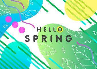 Trendy spring card with bright gradient background,tiny leaves,fluid shapes and geometric elements in memphis style.Bright abstract layout perfect for prints,flyers,banners,invitations,covers and more