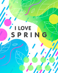 Trendy spring card with bright gradient background,tiny leaves,fluid shapes and geometric elements in memphis style.Bright abstract layout perfect for prints,flyers,banners,invitations,covers and more