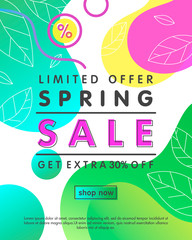Spring sale banner.Trendy promo layout with gradient background,fluid shapes and geometric elements in memphis style.Sale poster perfect for prints, flyers,banners, promotion,special offer.
