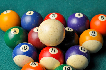 Old billiard balls composition on green pool table