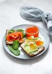 Smorrebrod - danish open sandwich with red caviar, fish, vegetables, cheese on marble background. Top view with copy space