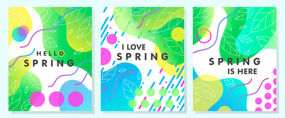 Set of unique spring cards with bright gradient backgrounds; tiny leaves; fluid shapes and geometric elements in memphis style.Abstract layouts perfect for prints; flyers; banners; invitations;covers.