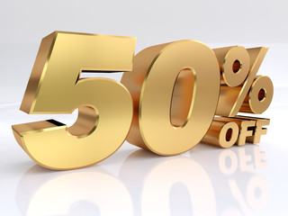 50%, Discount Numbers 3d. Gold Sale Percentage Icon, 3d rendering isolated on white background.